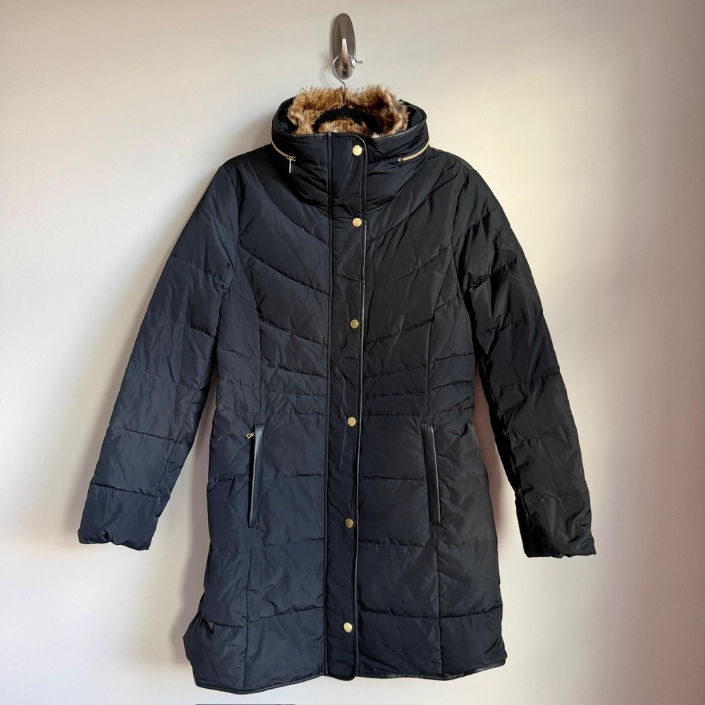 Cole Haan Signature Down Puffer Coat Womens Medium Black Quilted Faux Fur NWT